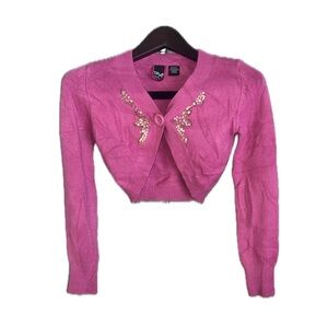 Vintage Y2K Pink Cropped Bolero Cardigan with Sequin Embellishments